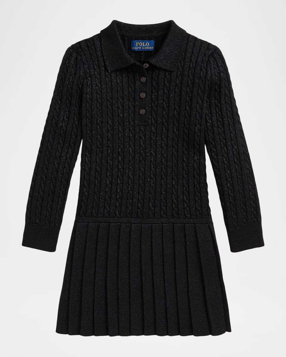 Girl's Metallic Mini-Cable Polo Sweater Dress, Size 2-6X